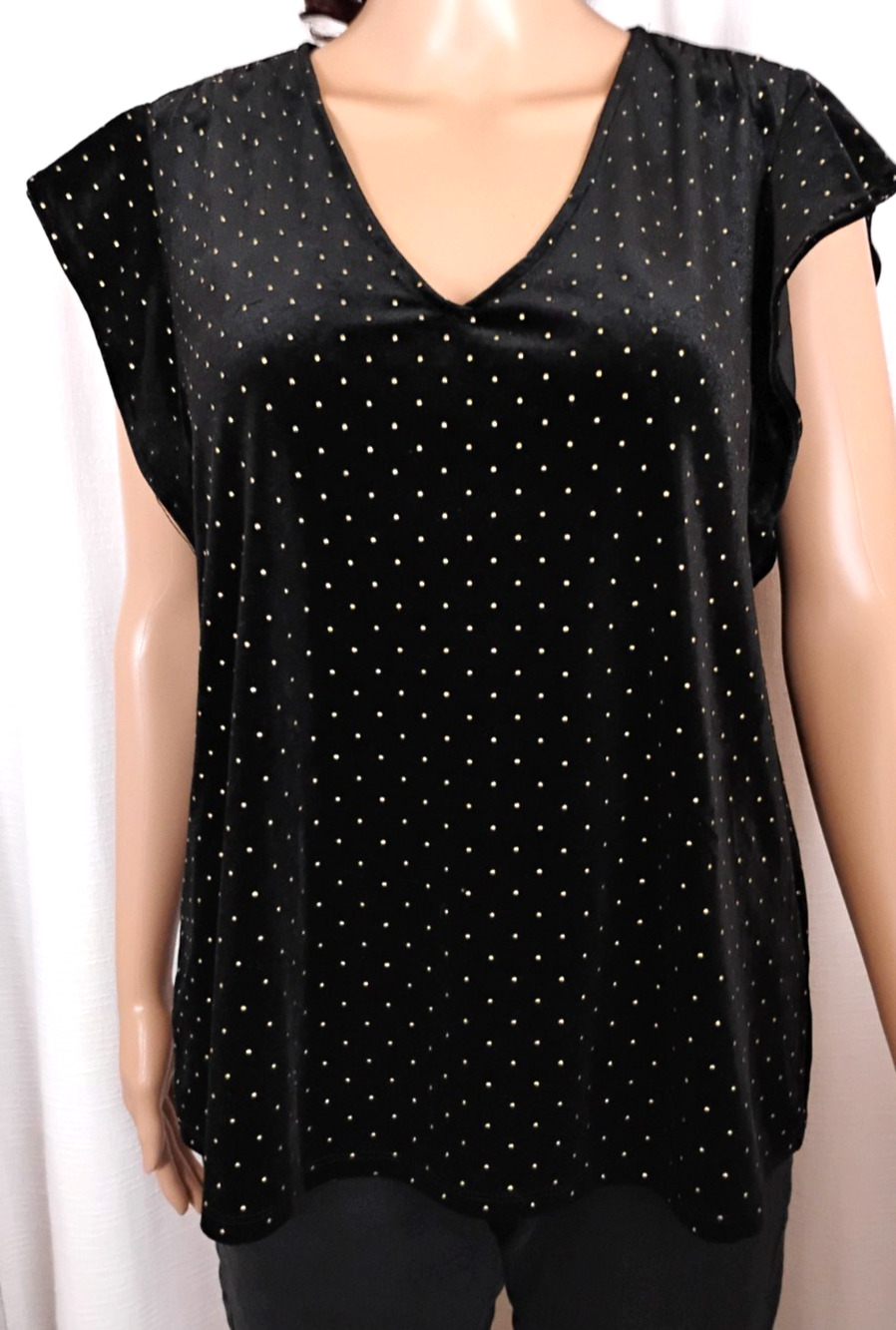 CeCe Black Velvet Blouse V Neck Flutter Sleeve Studded Dot Evening Minimalist